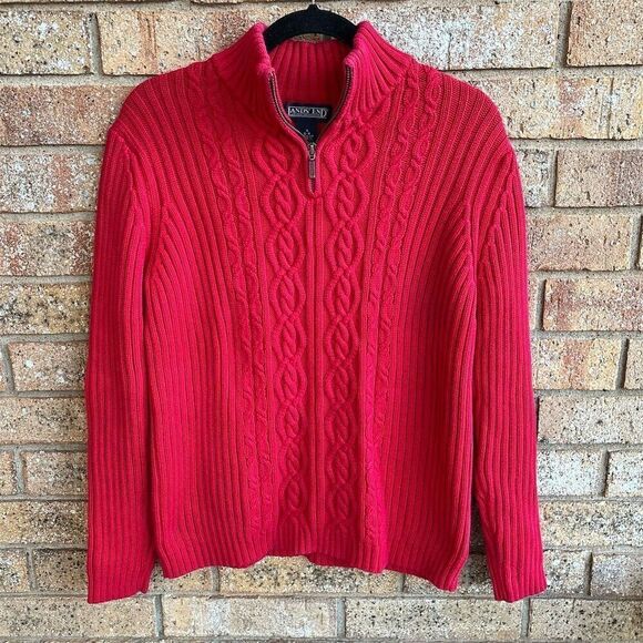 Lands' End Women's S Red Cable Knit 1/4 Zip Pullover Sweater - Picture 1 of 4